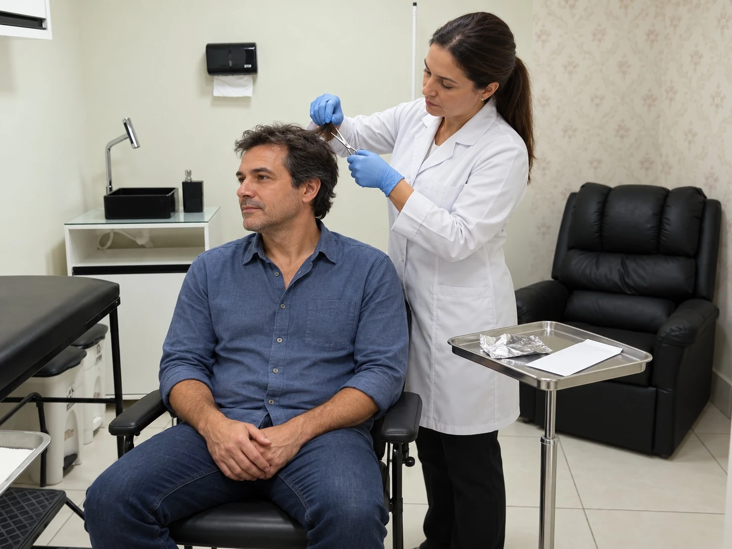 Profissional realizando coleta de cabelo para exame toxicológico